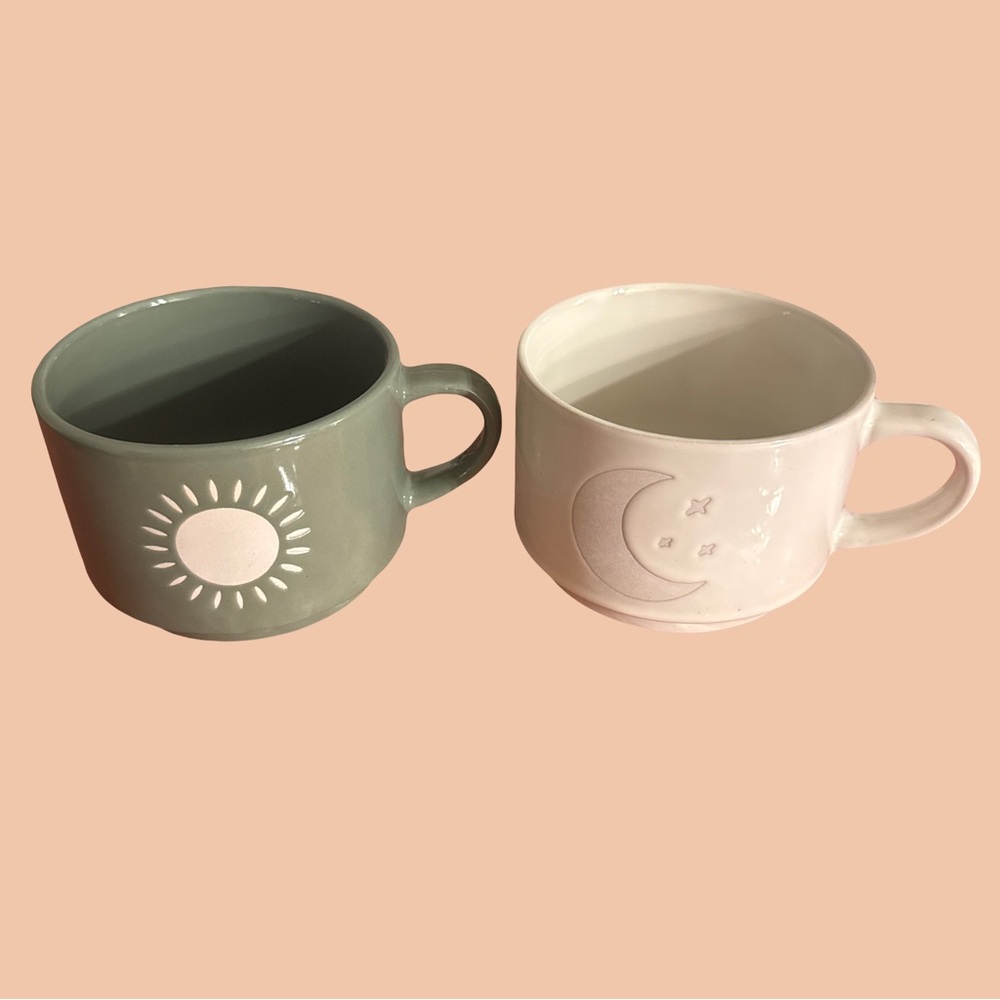 Sun and Moon Ceramic Mug Set - Green and Cream